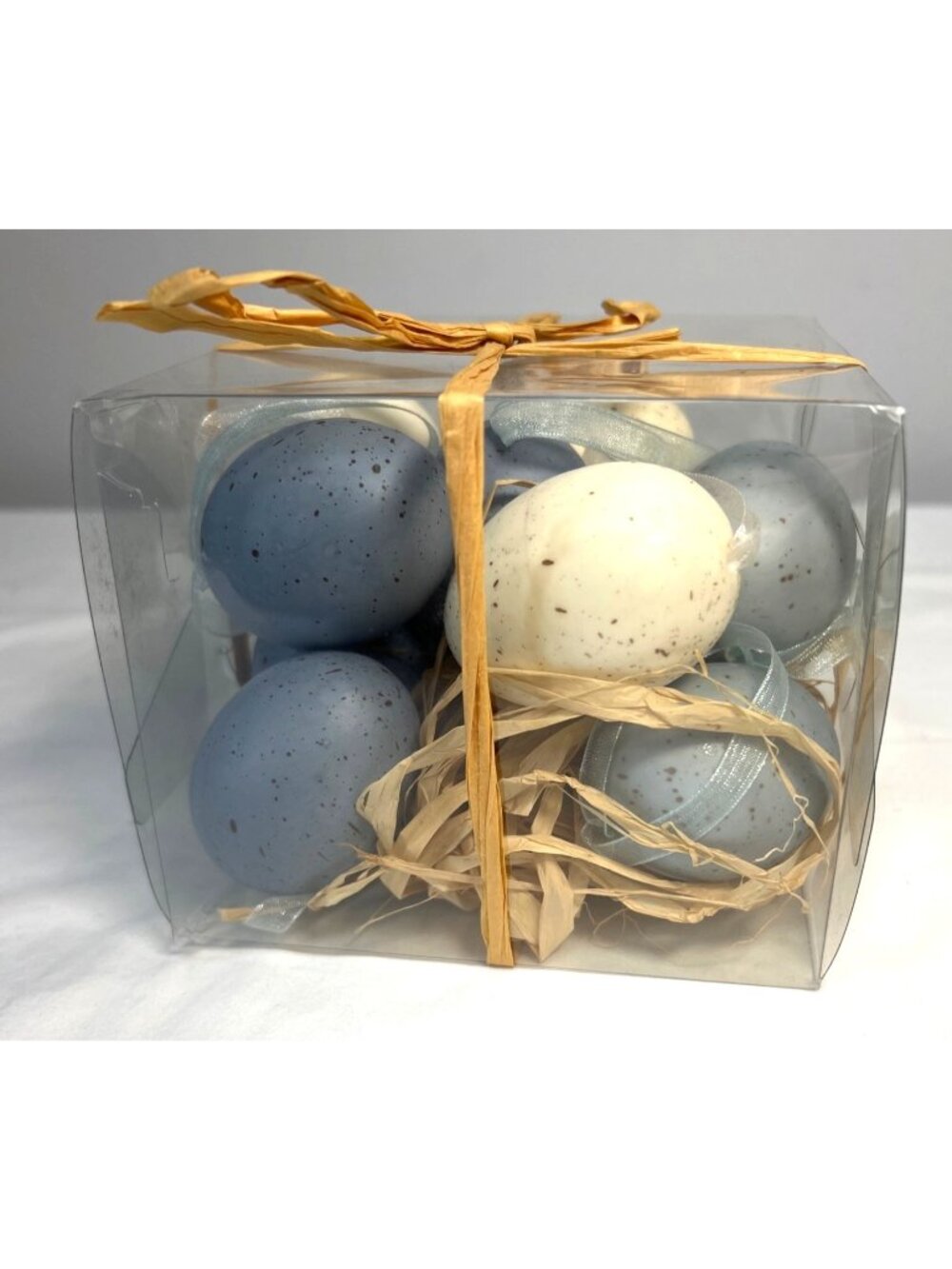 Decorative Speckled Blue & White Faux Eggs In Clear Gift Box With Raffia Ribbon